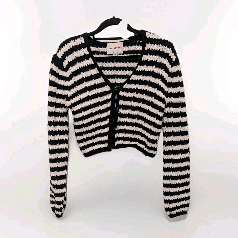 Y2K Industry Striped Cropped Cardigan Black White Grunge Knit Small Whimsigoth